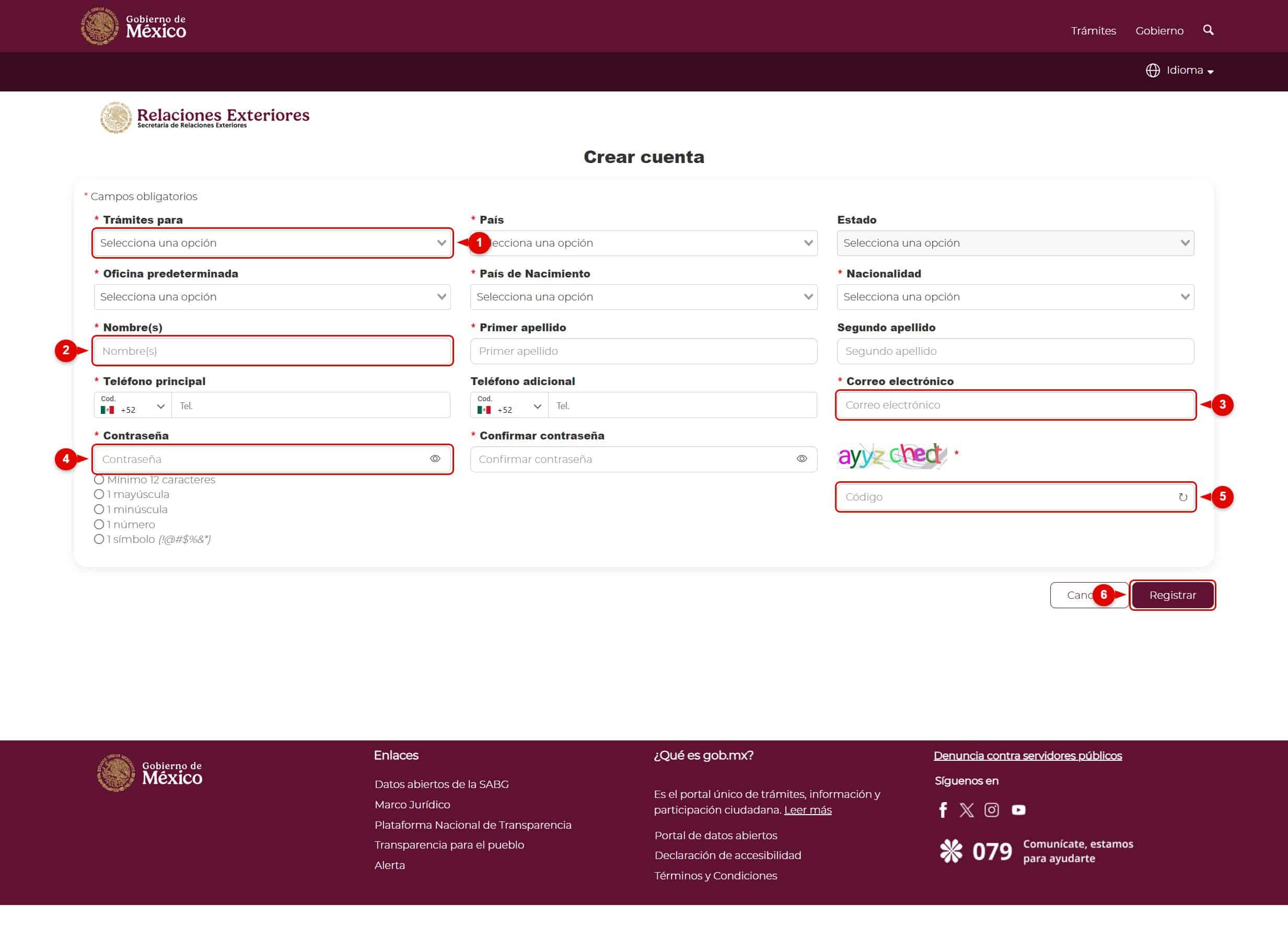 Form to create an account in Citas SRE
